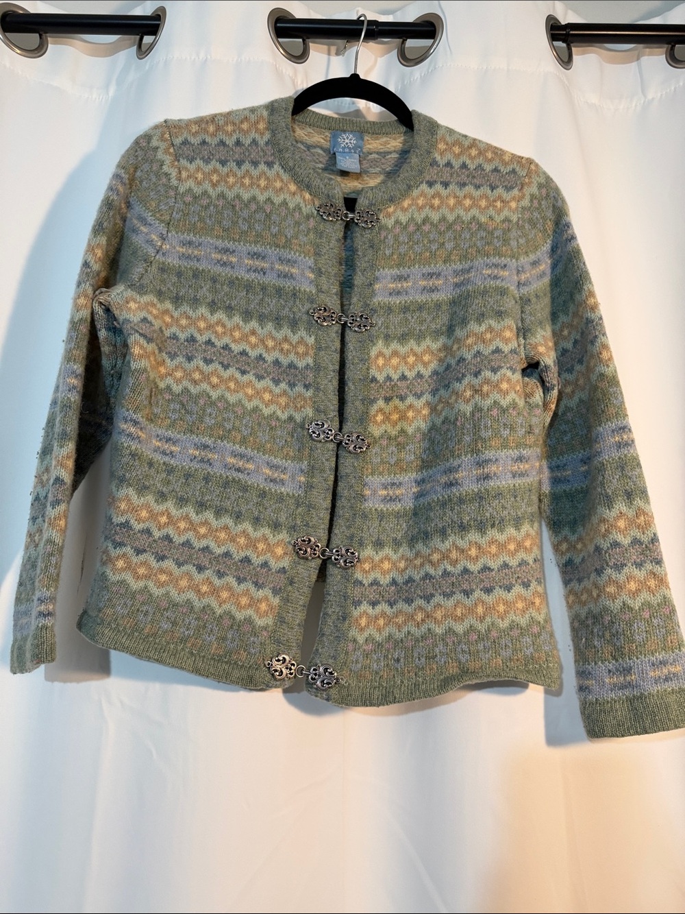 Frost Vintage Cabincore 100% Lambs Wool Green Patterned Wool Sweater Jacket